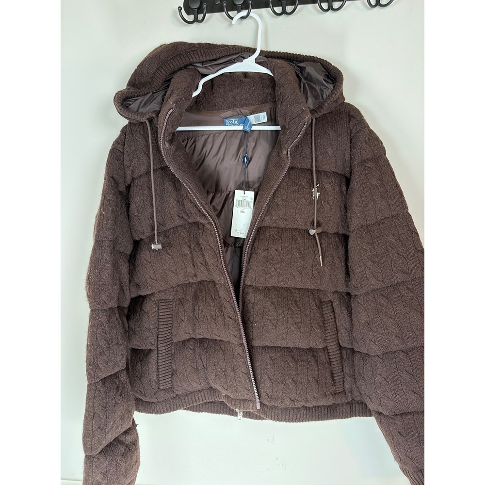 Polo Ralph Lauren Brown Cable Knit Puffer Jacket Wool Cashmere Hooded XXL NEW
